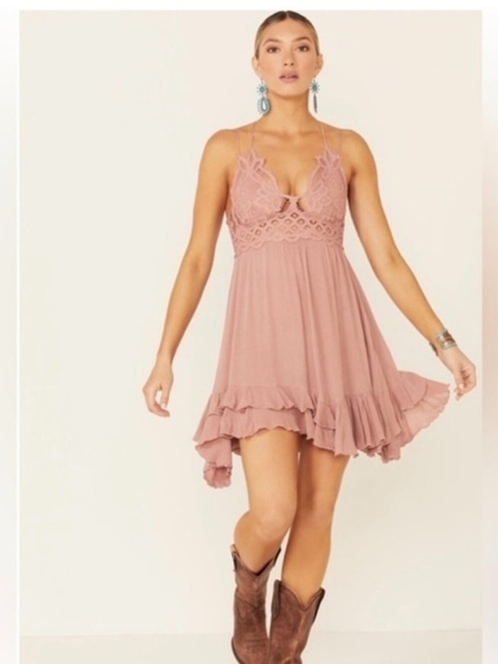 Free People Adella Dusty Pink Slip Dress Size Small Lace, Ruffle, Feminine S34